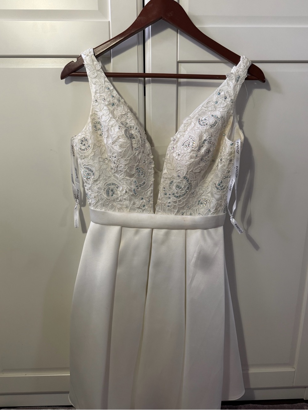Jovani White Beaded Lace V-Neck Wedding Dress